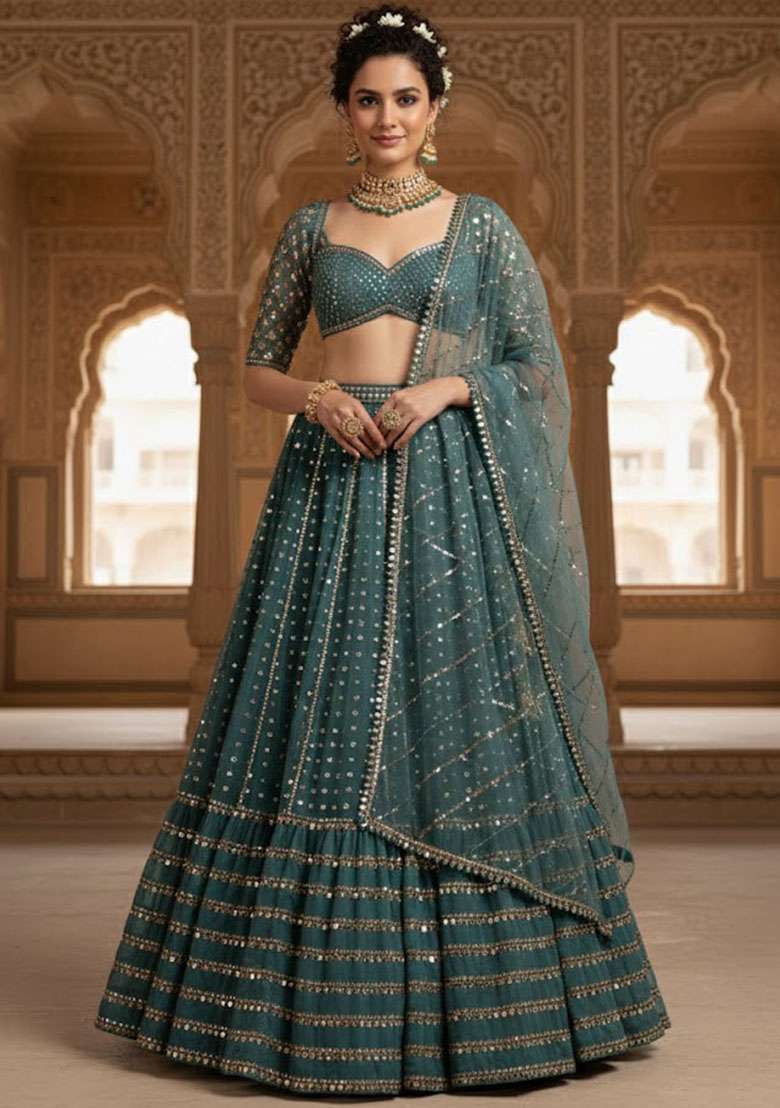 Green Georgette Lehenga Set with Embroidered for Diwali | Wedding & Festive Wear - Indya