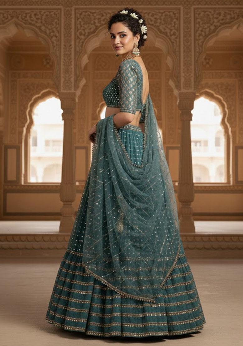 Green Embroidered Georgette Lehenga Set - Indya