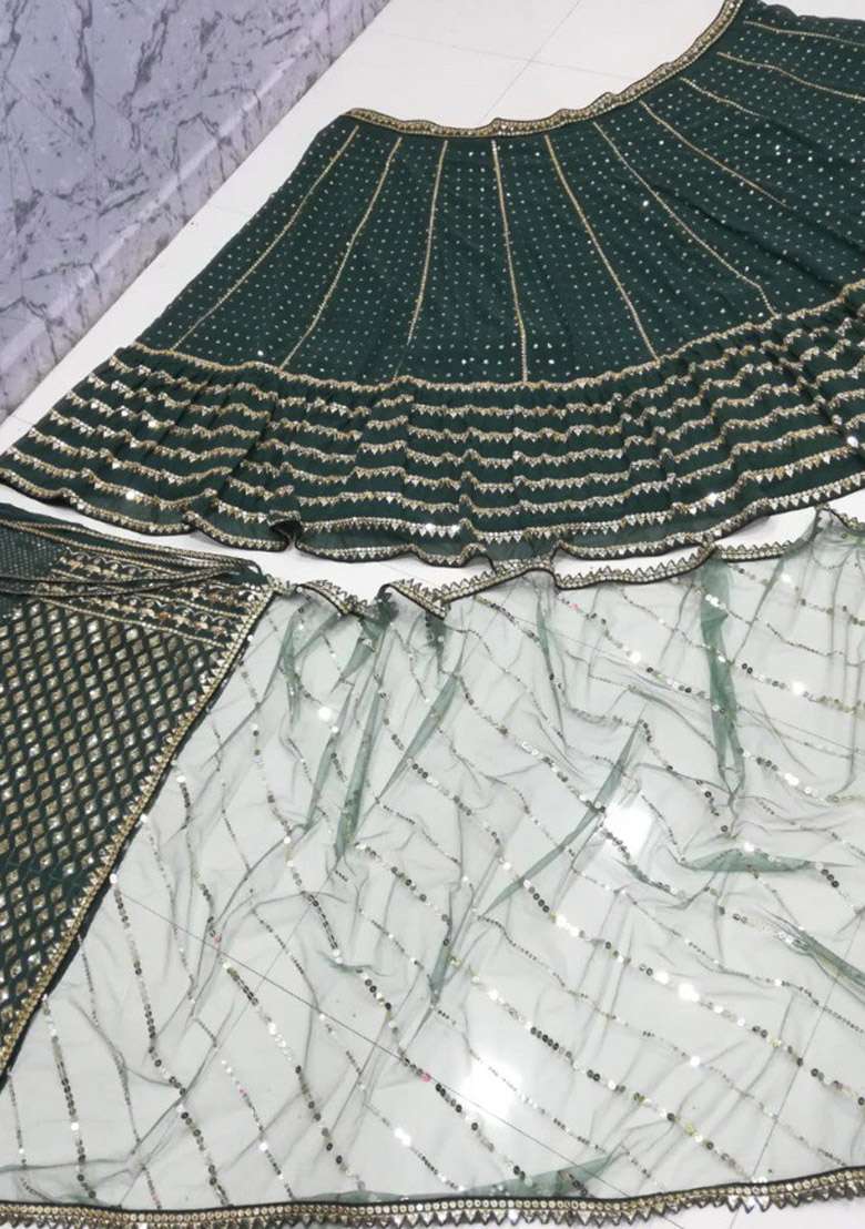 Green Georgette Lehenga Set with Embroidered for Diwali | Wedding & Festive Wear - Indya