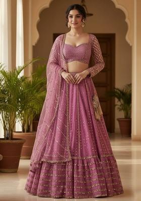 Pink Embroidered Georgette Lehenga Set