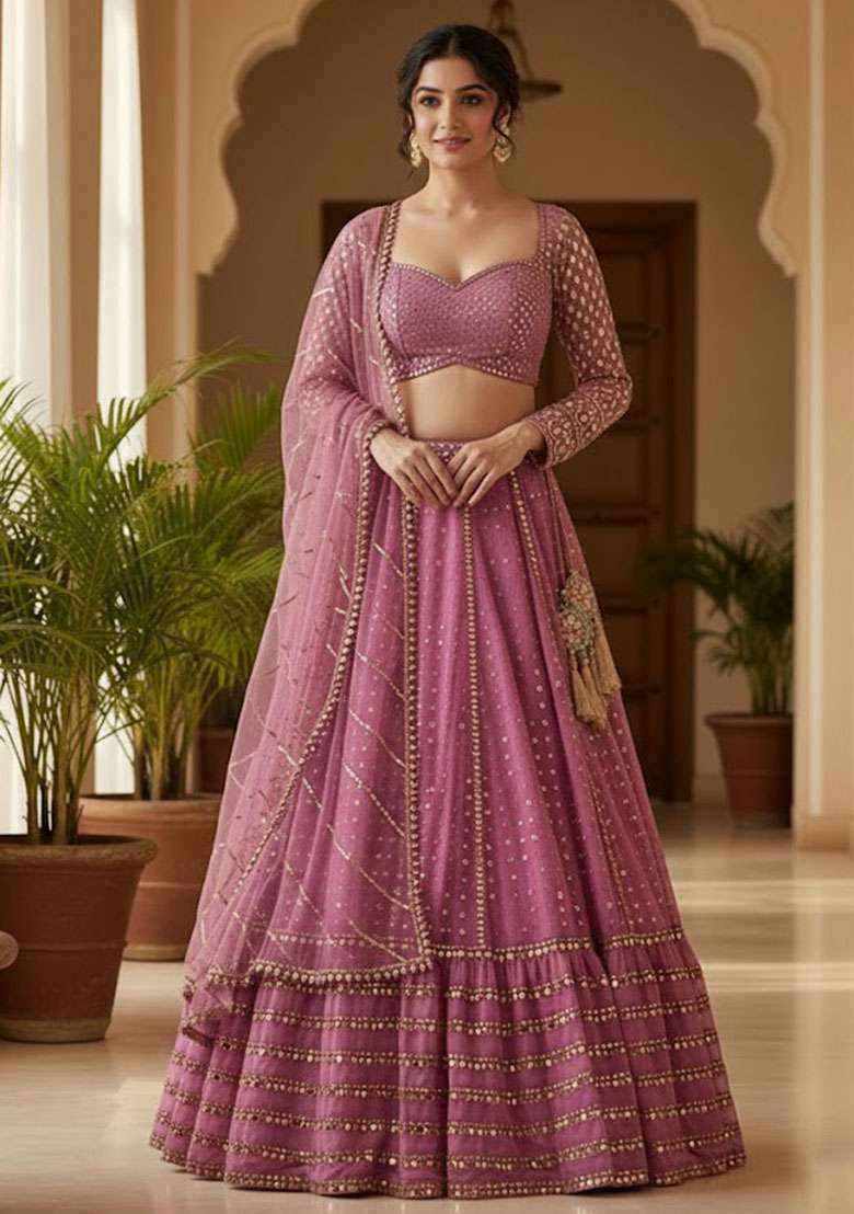 Pink Embroidered Georgette Lehenga Set for Diwali and Festive Wear - Indya
