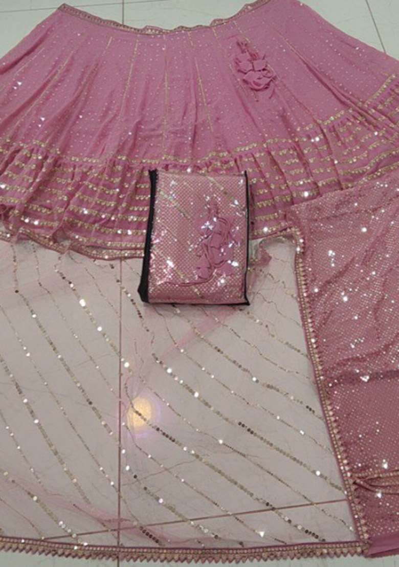 Pink Embroidered Georgette Lehenga Set for Diwali and Festive Wear - Indya
