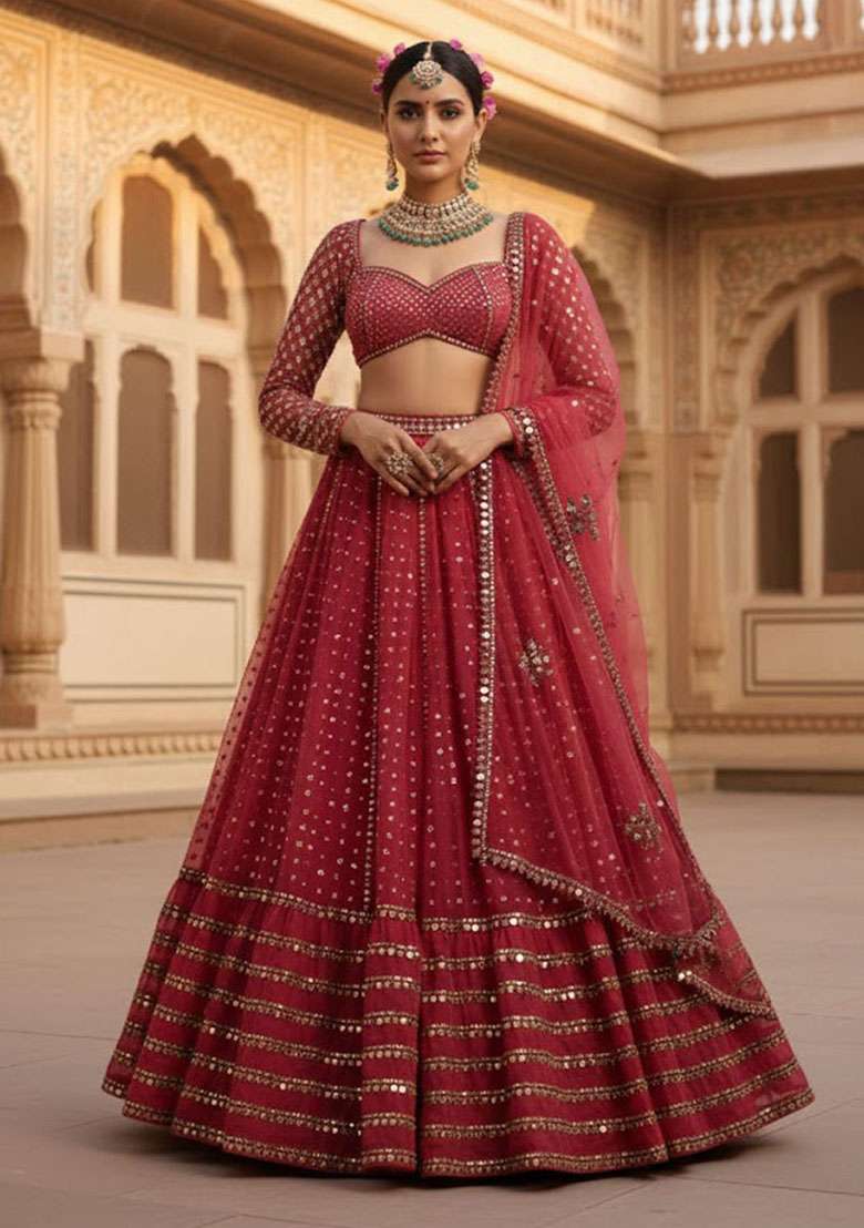 Red Embroidered Georgette Lehenga Set for Diwali and Festive Wear - Indya