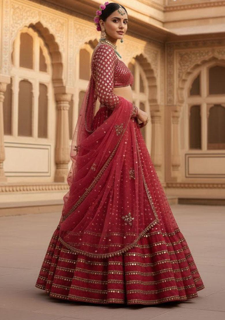 Red Embroidered Georgette Lehenga Set - Indya