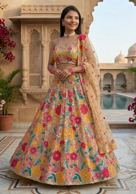 Multicolor Embroidered Georgette Lehenga Set