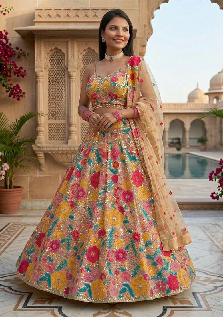 Multicolor Embroidered Georgette Lehenga Set for Diwali and Festive Wear - Indya