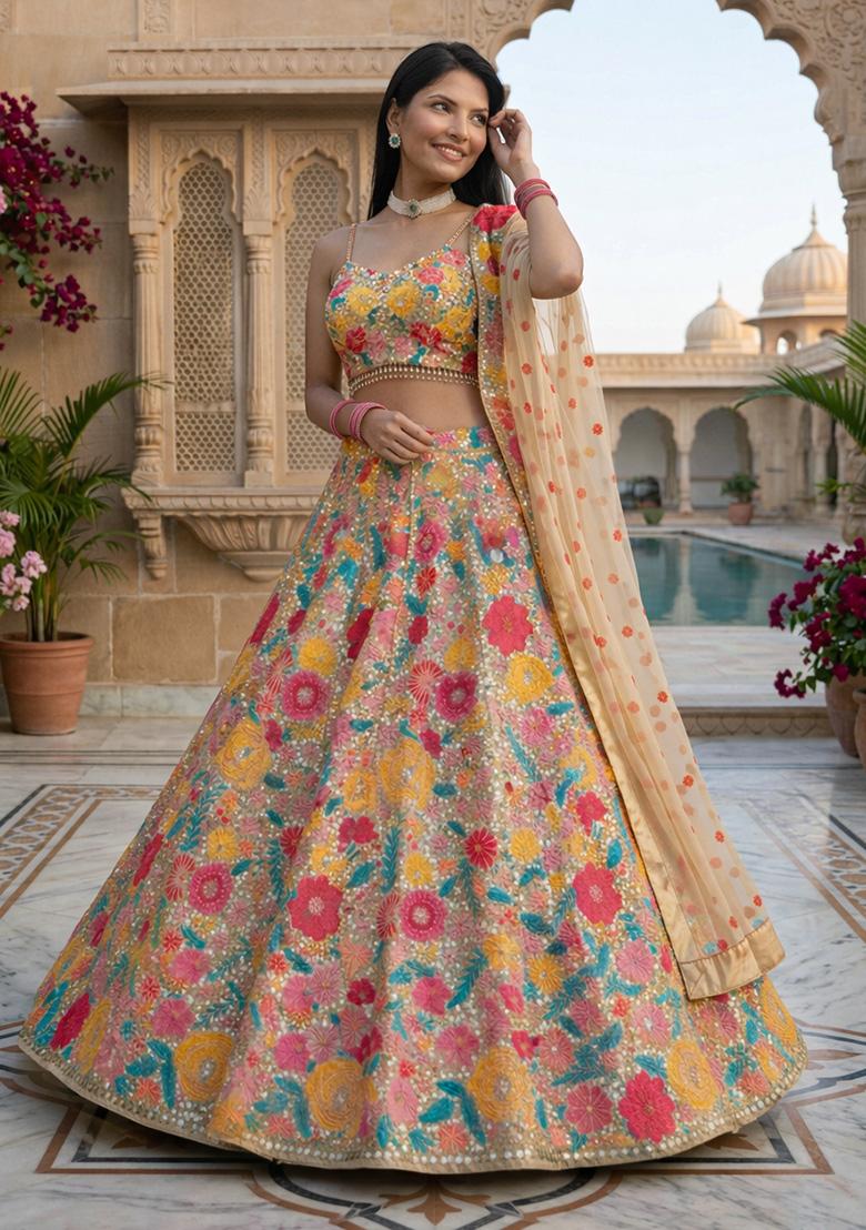 Multicolor Embroidered Georgette Lehenga Set - Indya