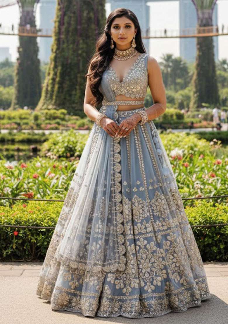 Grey Embroidered Net Lehenga Set for Diwali and Festive Wear - Indya
