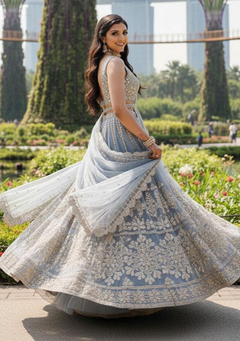 Grey Embroidered Net Lehenga Set - Indya