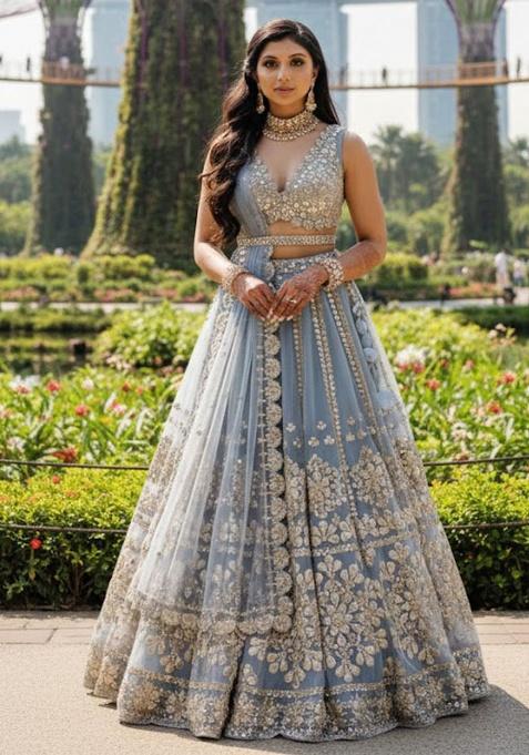Grey Embroidered Net Lehenga Set