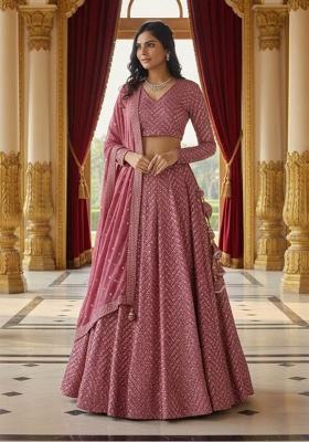 Metalic Pink Embroidered Georgette Lehenga Set