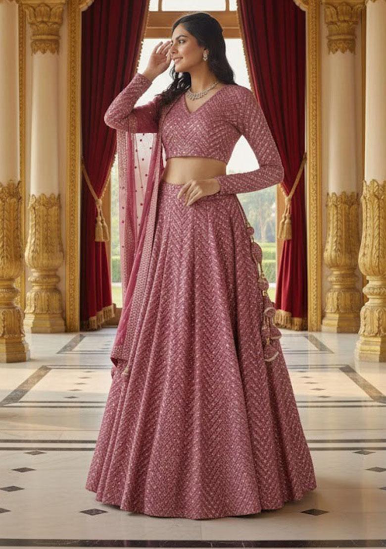 Metalic Pink Embroidered Georgette Lehenga Set - Indya