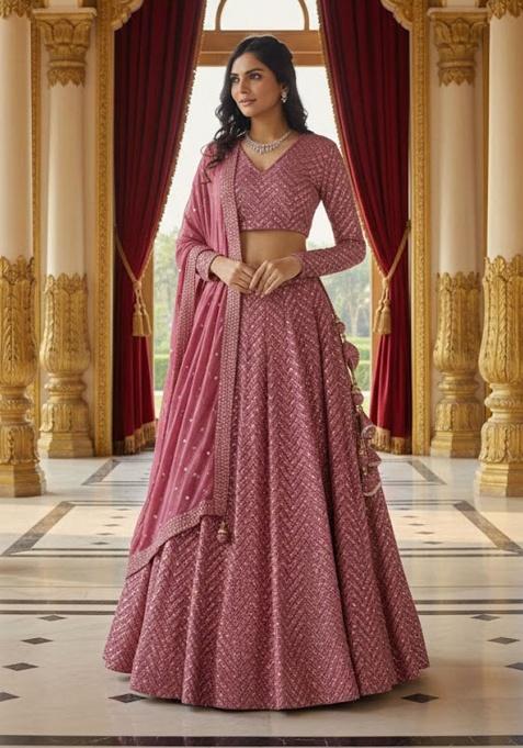 Metalic Pink Embroidered Georgette Lehenga Set