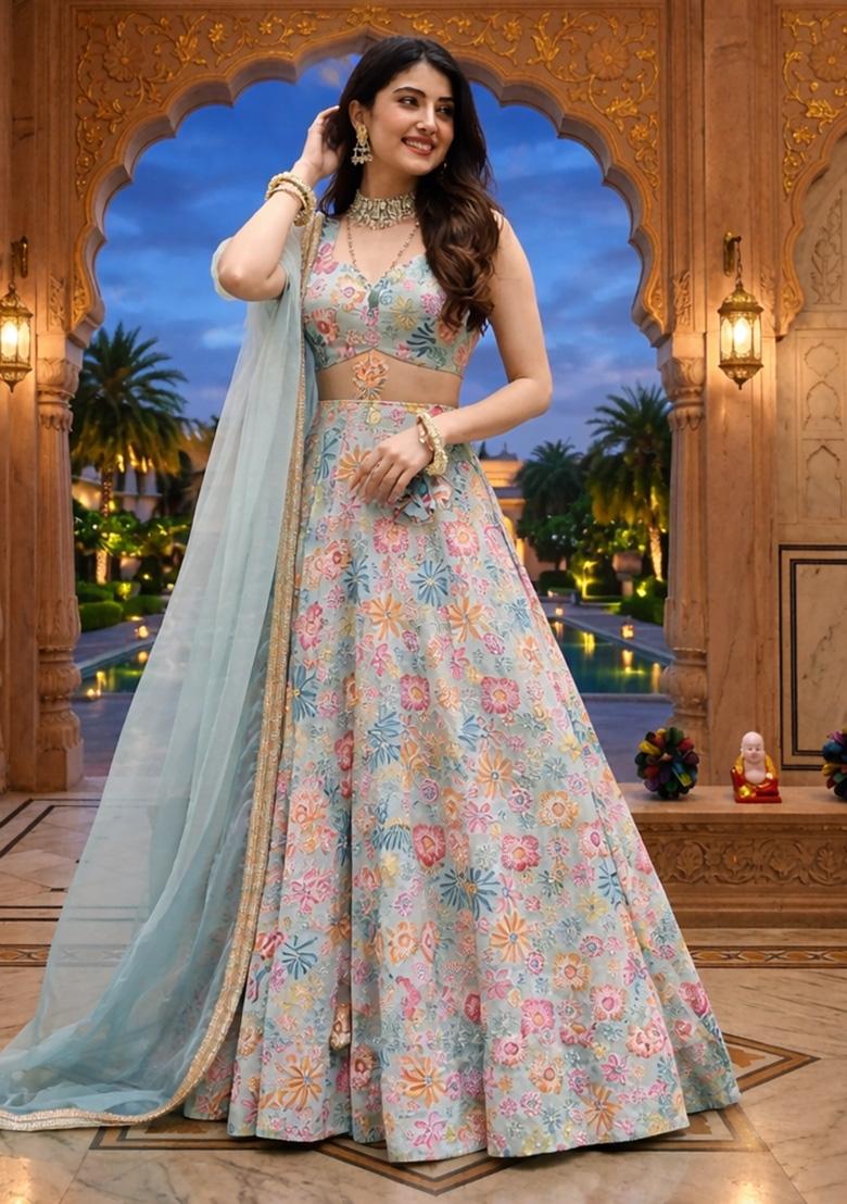 Multicolor Embroidered Silk Lehenga Set - Indya
