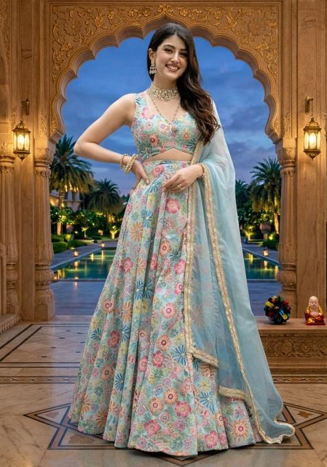 Multicolor Embroidered Silk Lehenga Set