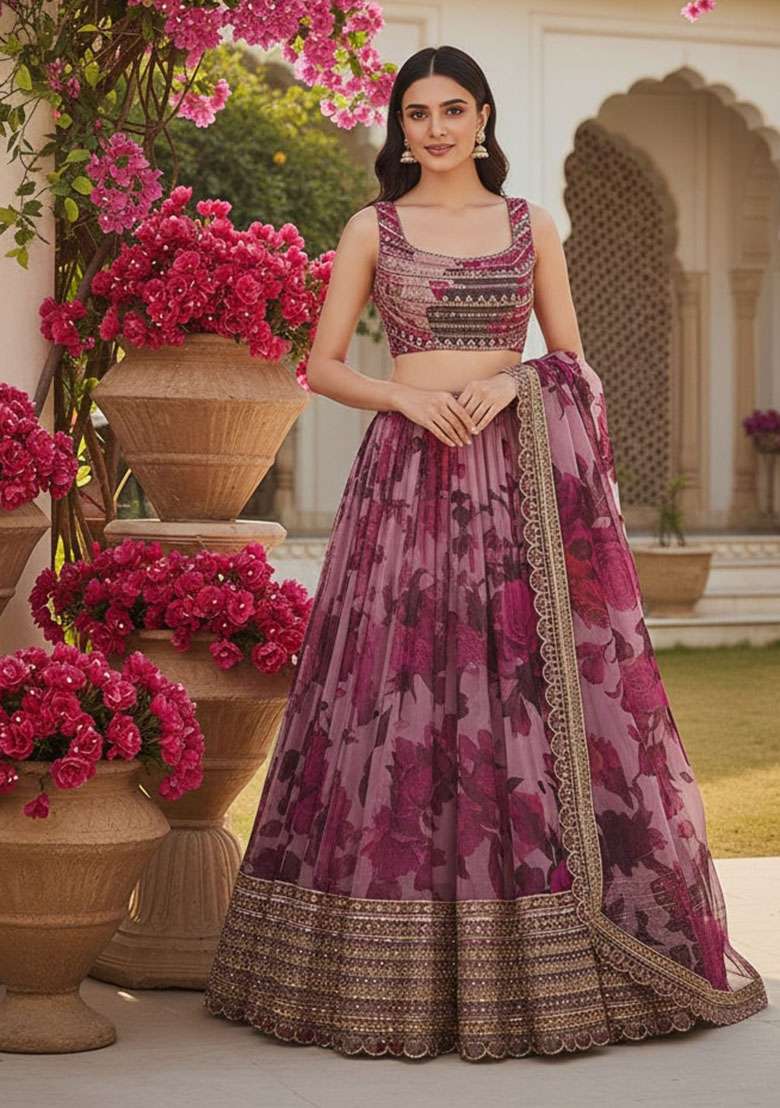 Pink Organza Lehenga Set with Embroidered for Diwali | Wedding & Festive Wear - Indya