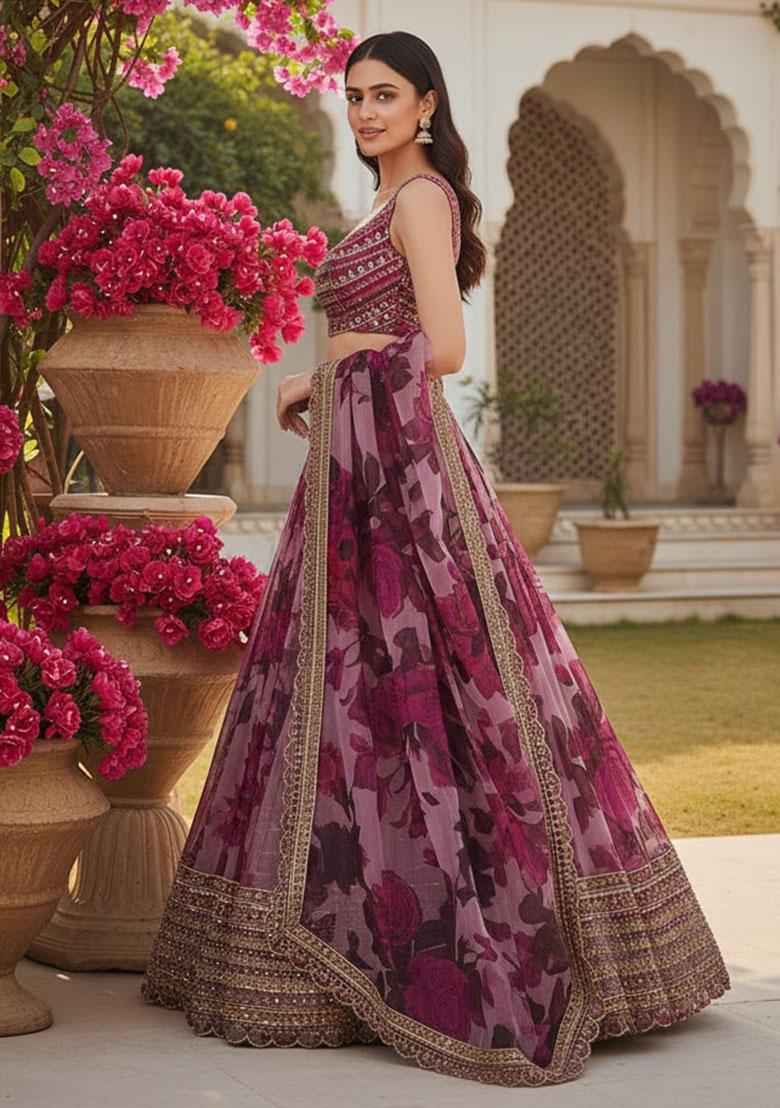 Pink Embroidered Organza Lehenga Set - Indya
