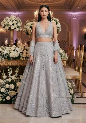 Steel Grey Embroidered Silk Lehenga Set