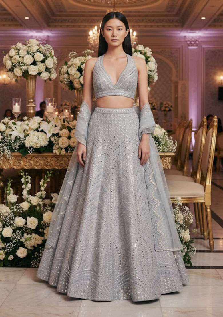 Steel Grey Embroidered Silk Lehenga Set - Indya