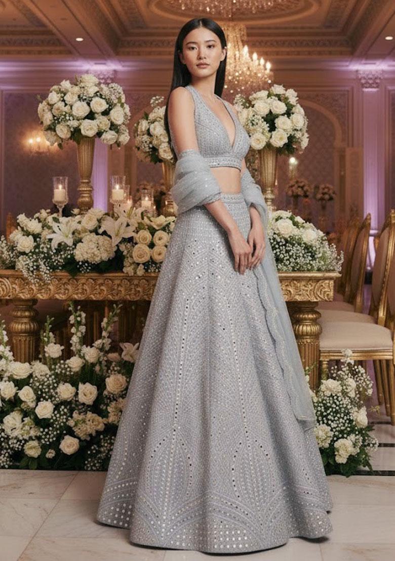 Steel Grey Embroidered Silk Lehenga Set - Indya