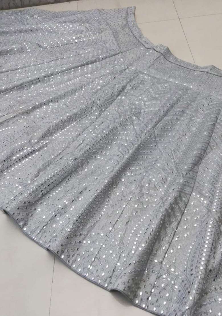 Steel Grey Embroidered Silk Lehenga Set - Indya