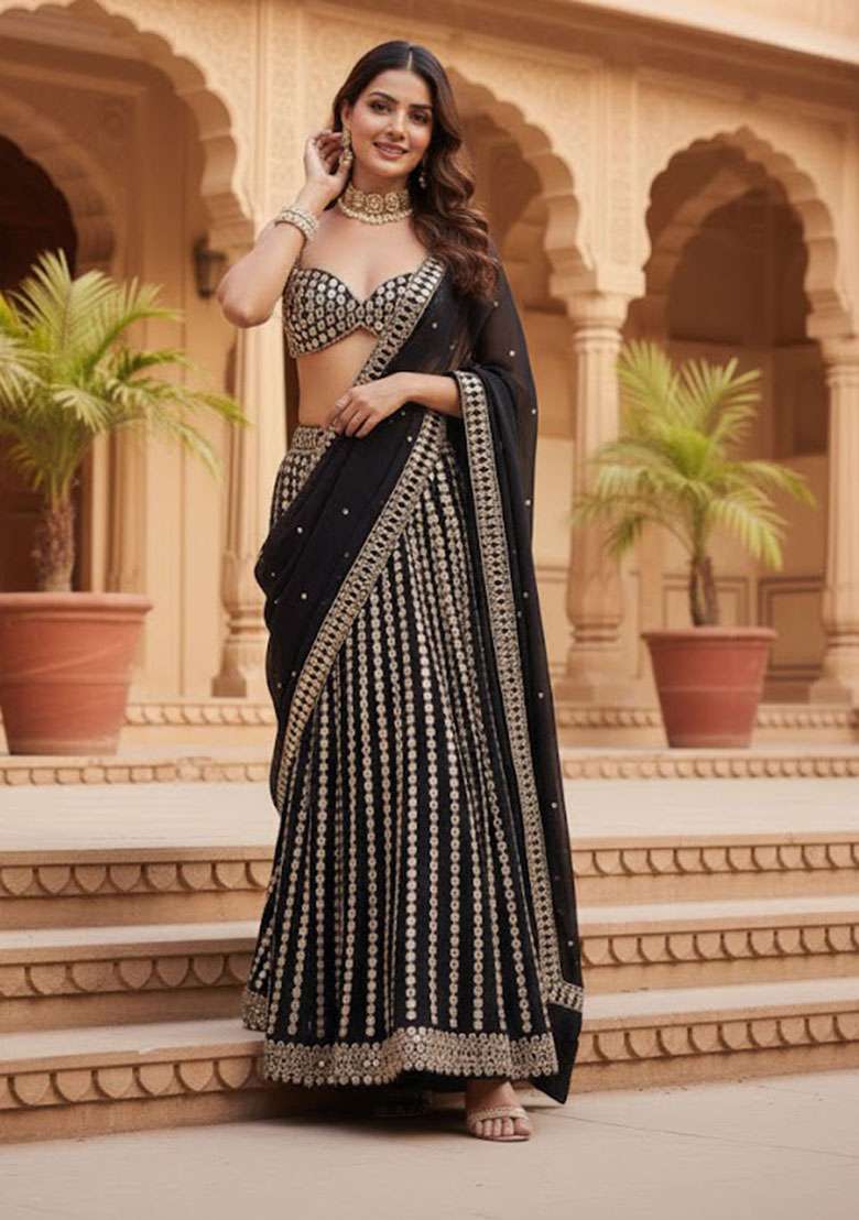 Black Embroidered Silk Blend Lehenga Set for Diwali and Festive Wear - Indya