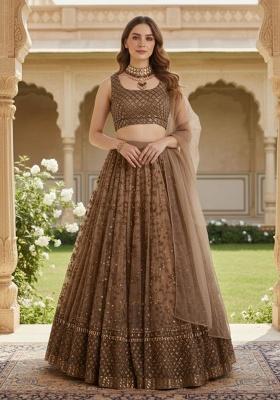 Brown Embroidered Net Lehenga Set