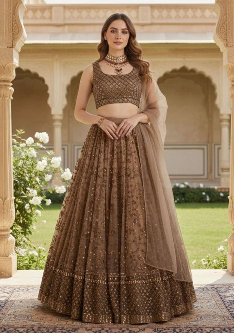 Brown Embroidered Net Lehenga Set for Diwali and Festive Wear - Indya