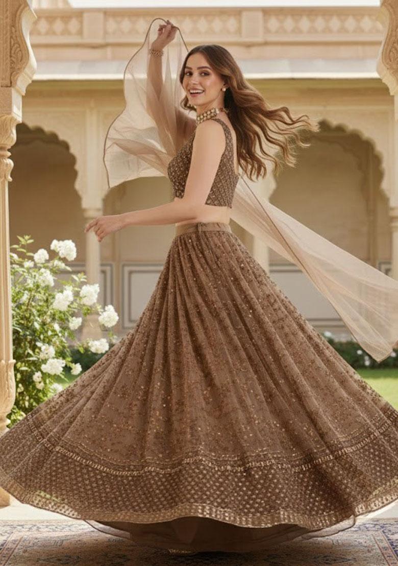 Brown Embroidered Net Lehenga Set - Indya