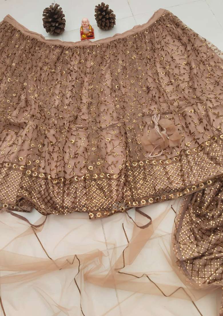 Brown Embroidered Net Lehenga Set for Diwali and Festive Wear - Indya