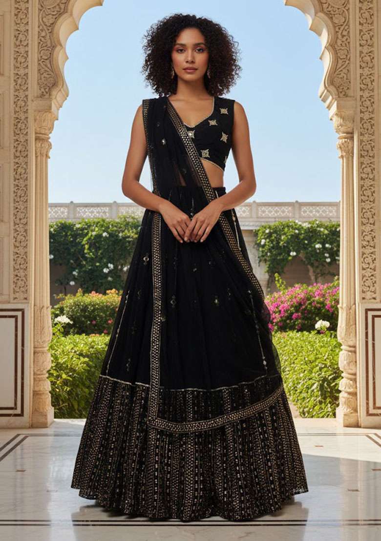 Black Embroidered Georgette Lehenga Set for Diwali and Festive Wear - Indya