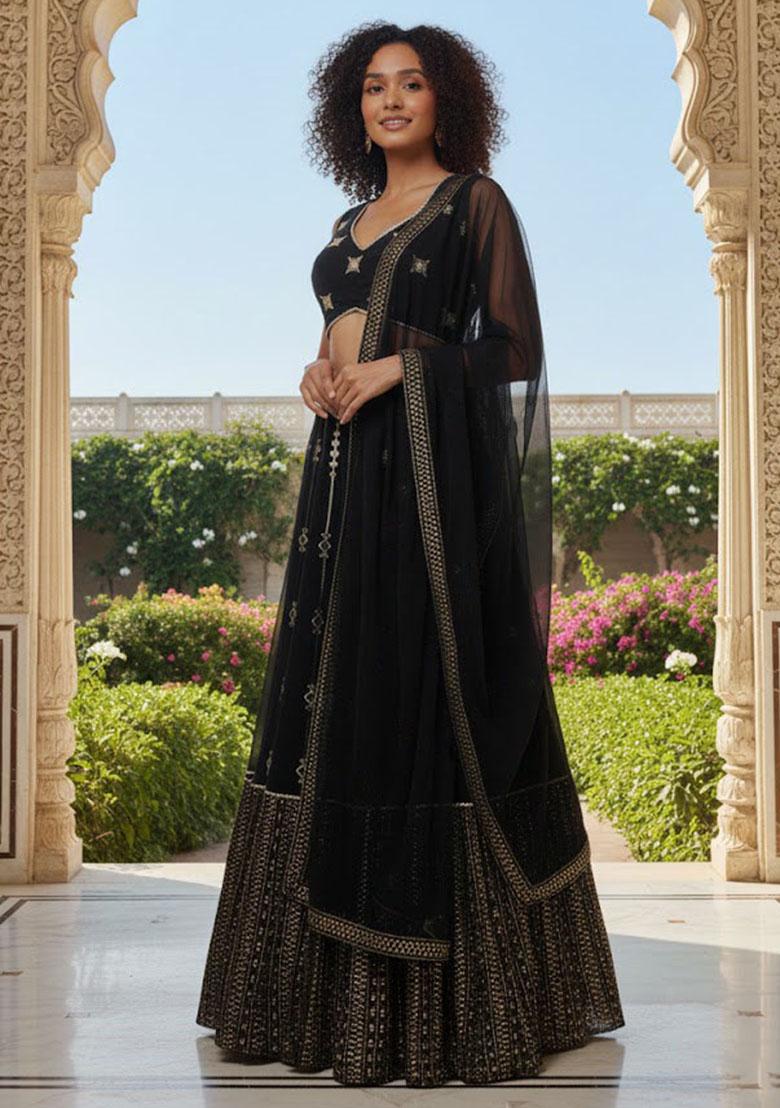 Black Embroidered Georgette Lehenga Set - Indya