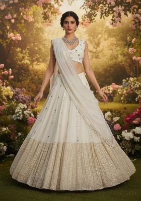 Off White Embroidered Georgette Lehenga Set