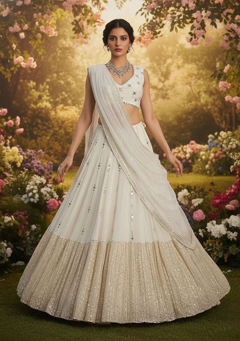 Off White Embroidered Georgette Lehenga Set for Diwali and Festive Wear - Indya