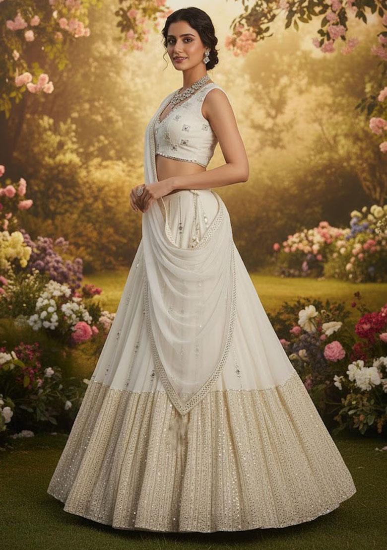 Off White Embroidered Georgette Lehenga Set - Indya