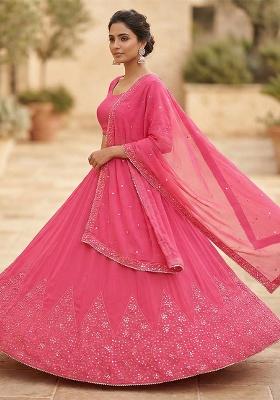 Hot Pink Embroidered Georgette Lehenga Set