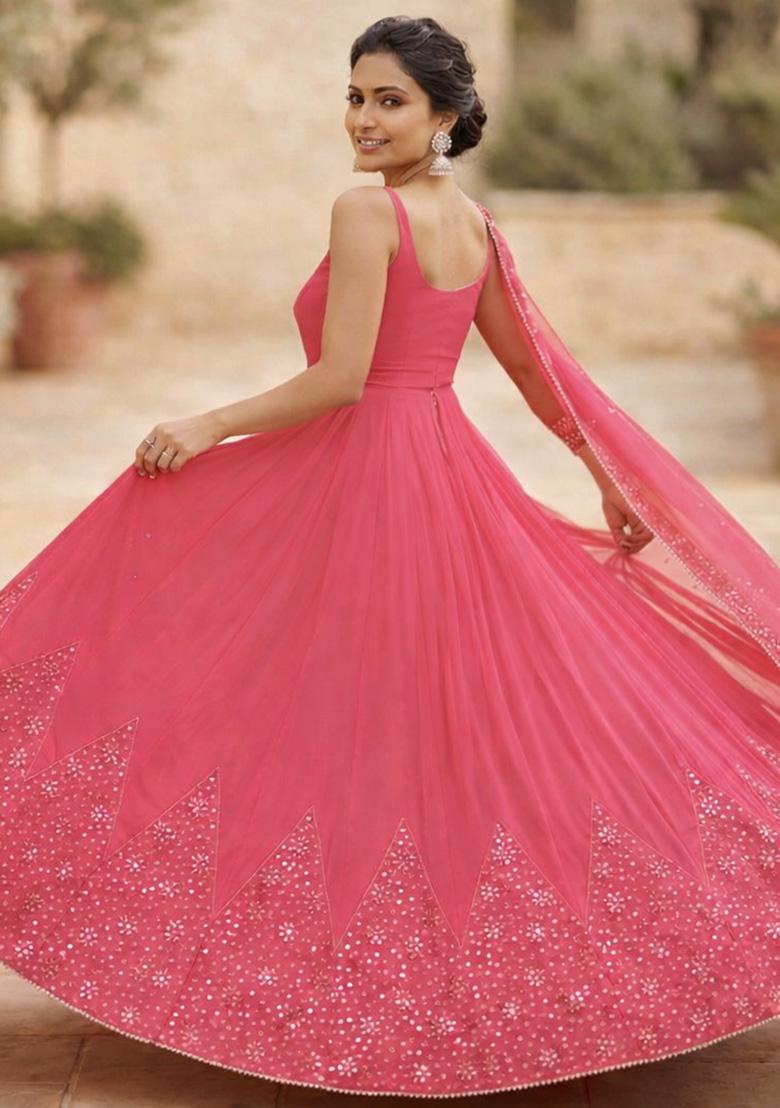 Hot Pink Embroidered Georgette Lehenga Set - Indya