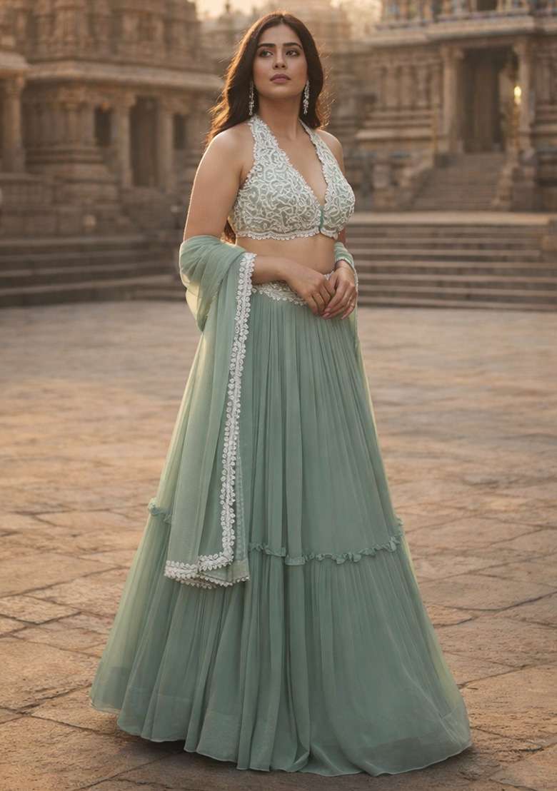 Sea Green Embroidered Georgette Lehenga Set for Diwali and Festive Wear - Indya