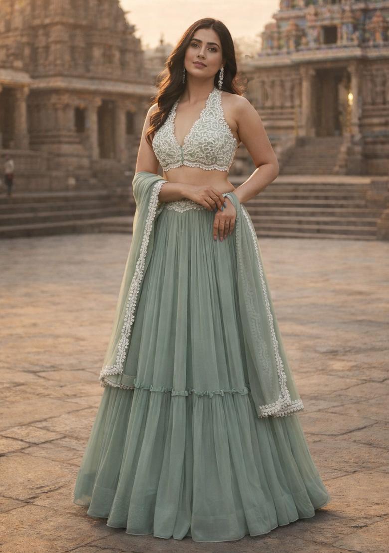 Sea Green Embroidered Georgette Lehenga Set - Indya