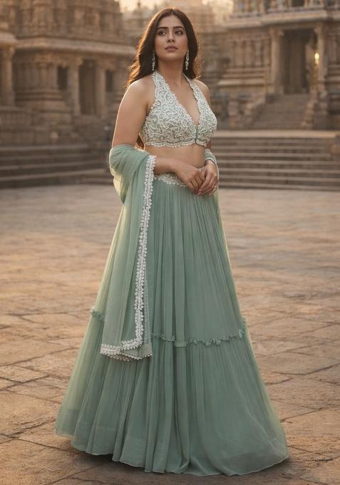 Sea Green Embroidered Georgette Lehenga Set