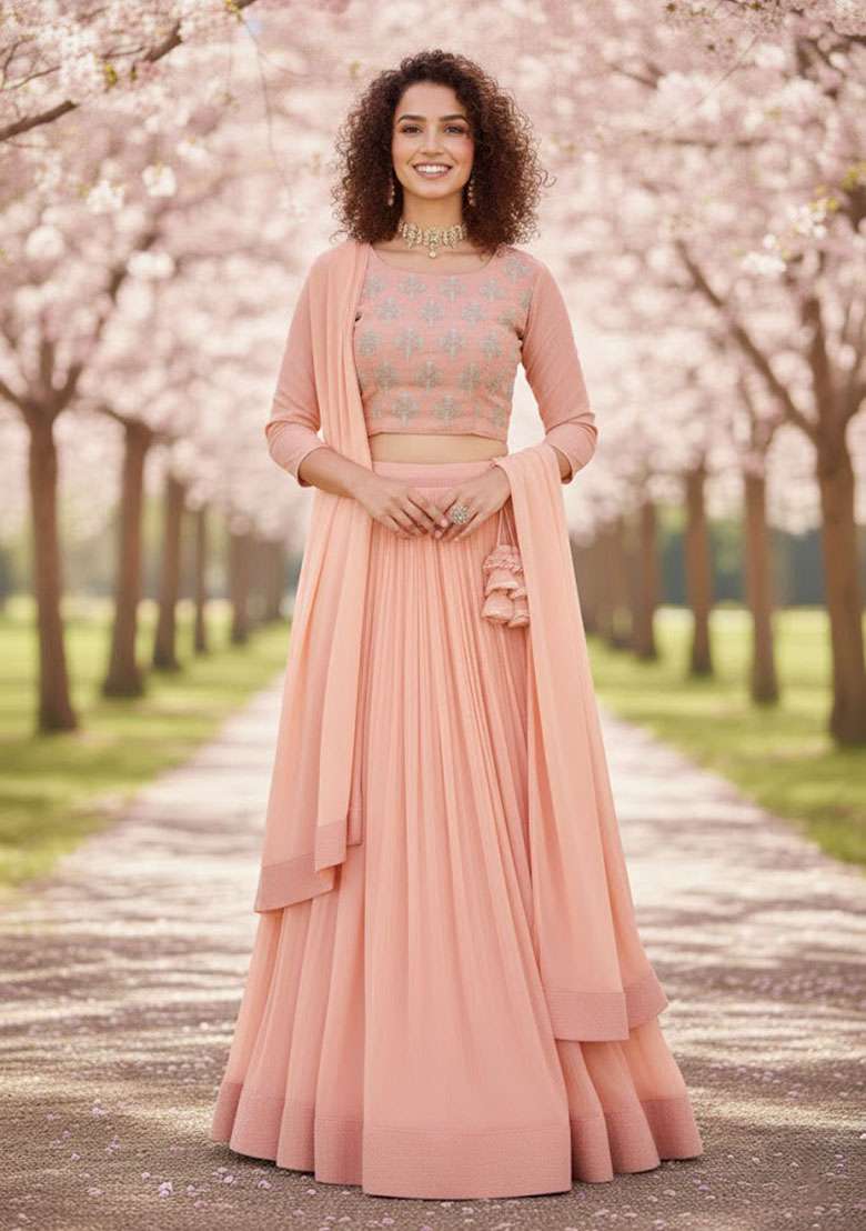 Peach Embroidered Georgette Lehenga Set for Diwali and Festive Wear - Indya