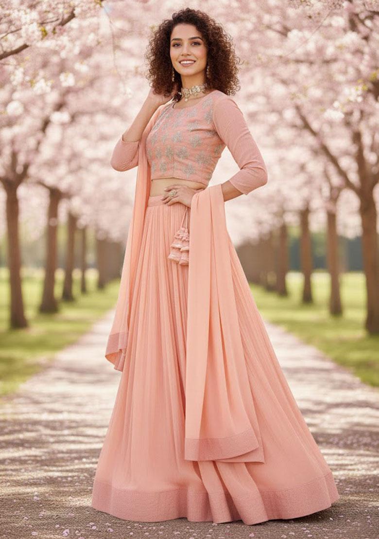 Peach Embroidered Georgette Lehenga Set - Indya