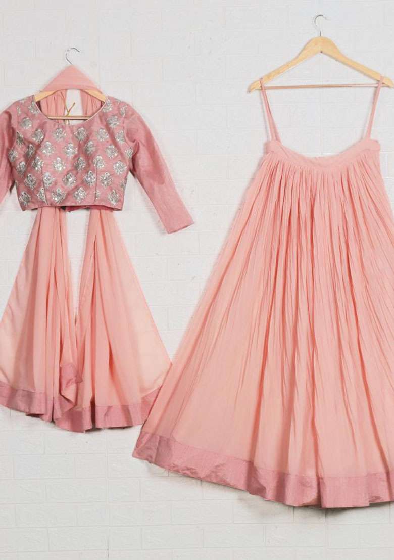 Peach Embroidered Georgette Lehenga Set for Diwali and Festive Wear - Indya