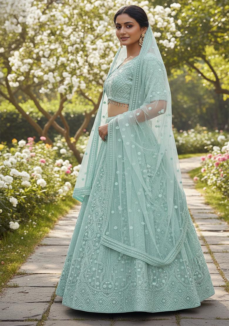 Aqua Green Embroidered Net Lehenga Set - Indya
