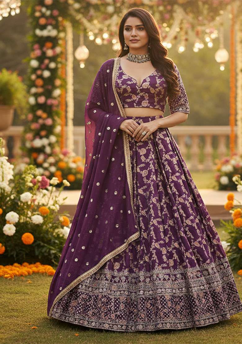 Purple Jacquard Lehenga Set with Embroidered for Diwali | Wedding & Festive Wear - Indya