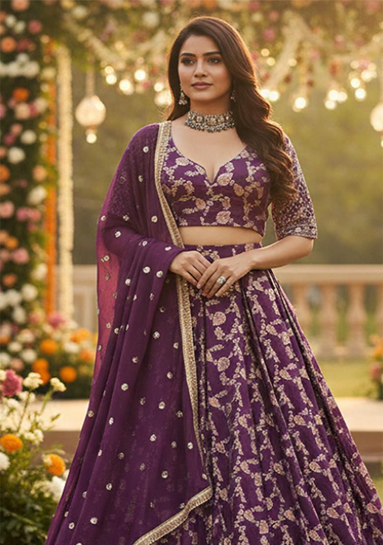 Purple Embroidered Jacquard Lehenga Set - Indya