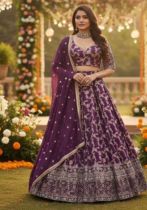 Purple Embroidered Jacquard Lehenga Set