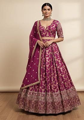 Wine Embroidered Jacquard Lehenga Set
