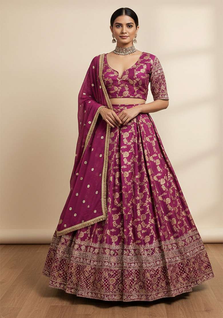 Wine Jacquard Lehenga Set with Embroidered for Diwali | Wedding & Festive Wear - Indya