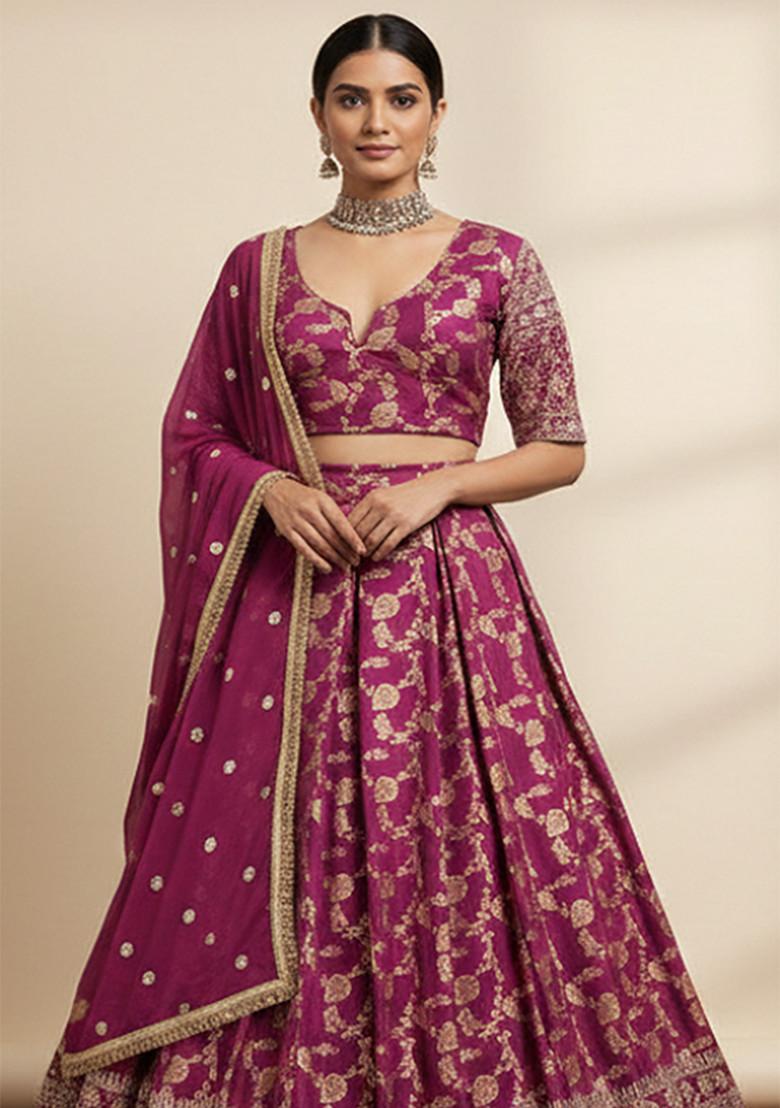 Wine Embroidered Jacquard Lehenga Set - Indya